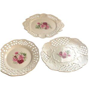 Set Of 3 Vintage Floral Porcelain Plates With Intricate Cutout Design & Pink Ros